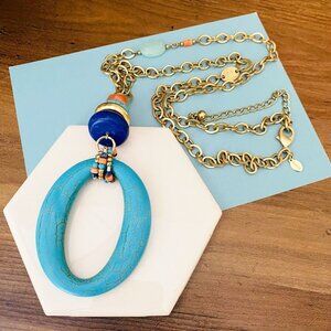 💜 Chicos Turquoise Howlite Oval Pendant Long Necklace With Gold-Tone Chain & Be